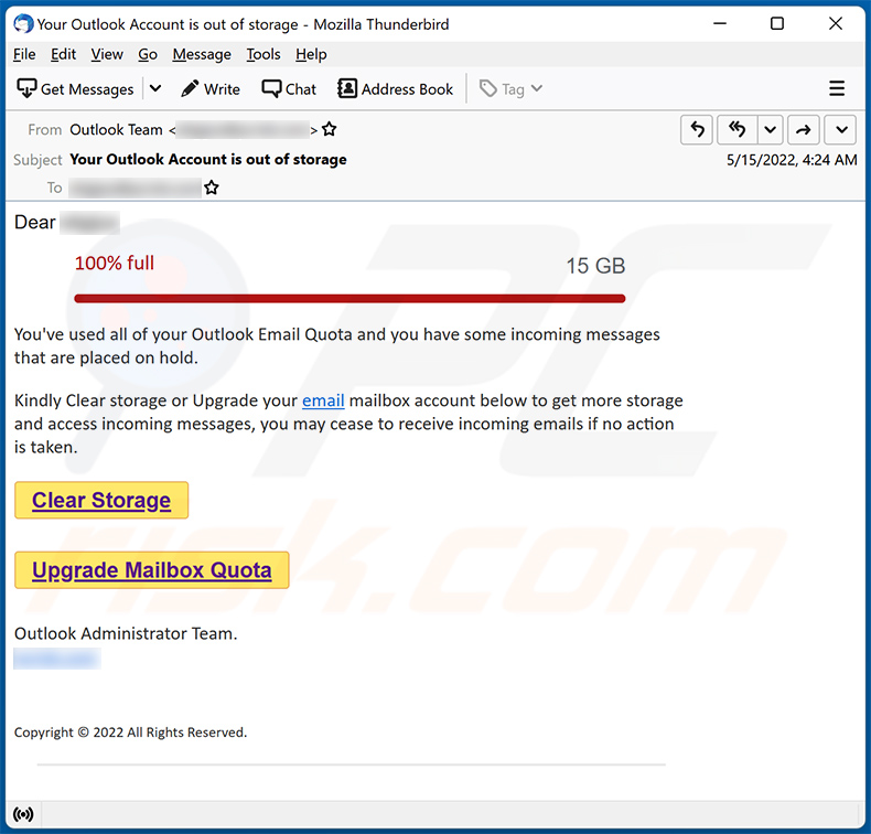 Outlook Email Quota-themed spam email (2022-05-17)