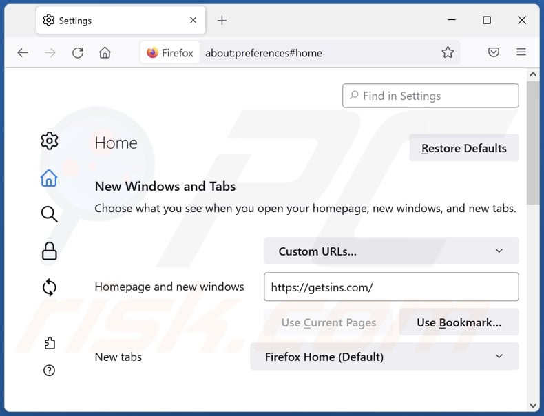 Removing getsins.com from Mozilla Firefox homepage