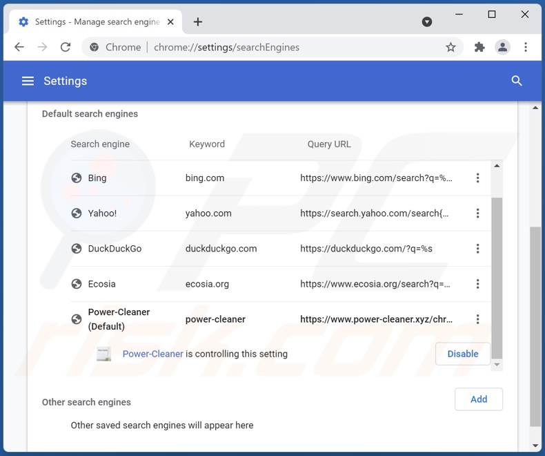 Removing power-cleaner.xyz from Google Chrome default search engine