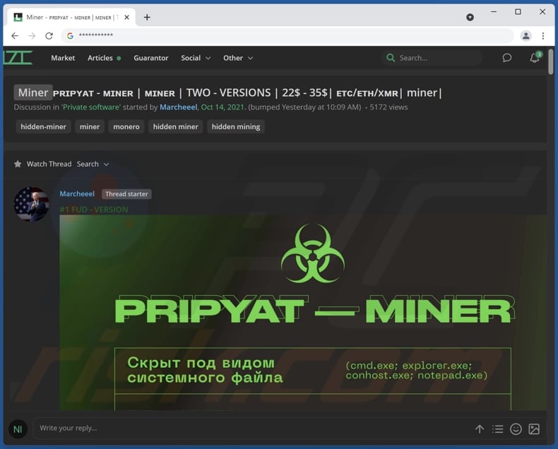 Pripyat miner malware promoted on hacker forums
