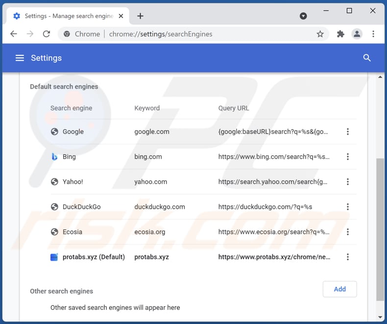 Removing protabs.xyz from Google Chrome default search engine