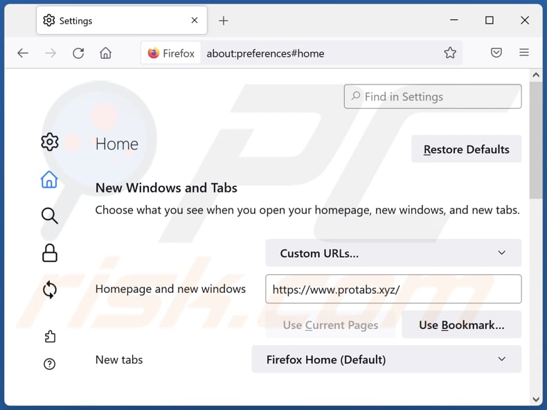 Removing protabs.xyz from Mozilla Firefox homepage