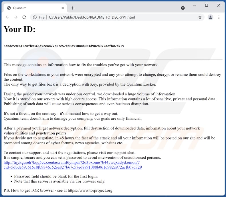 Quantum ransomware HTML file (README_TO_DECRYPT.html)