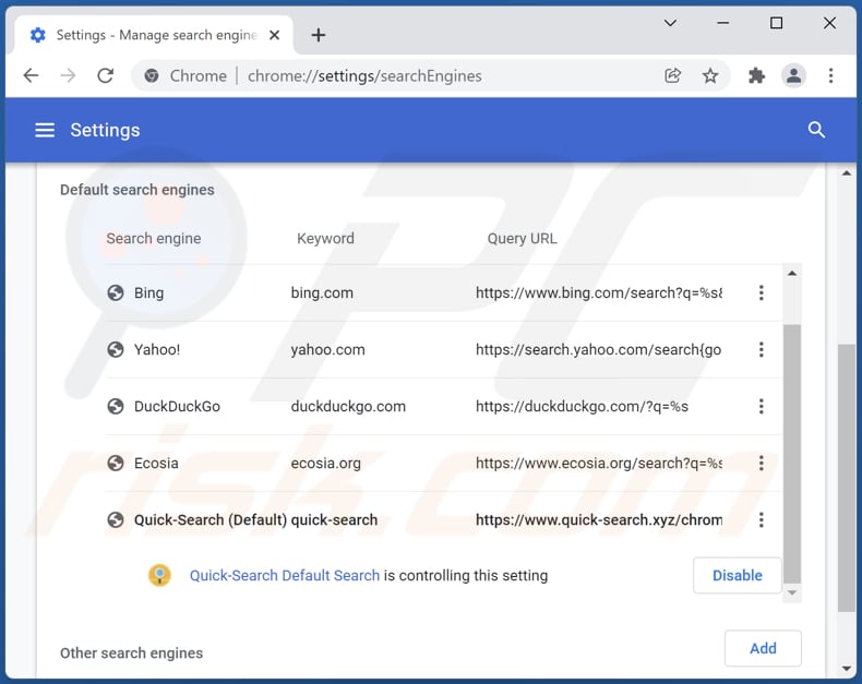 Removing quick-search.xyz from Google Chrome default search engine