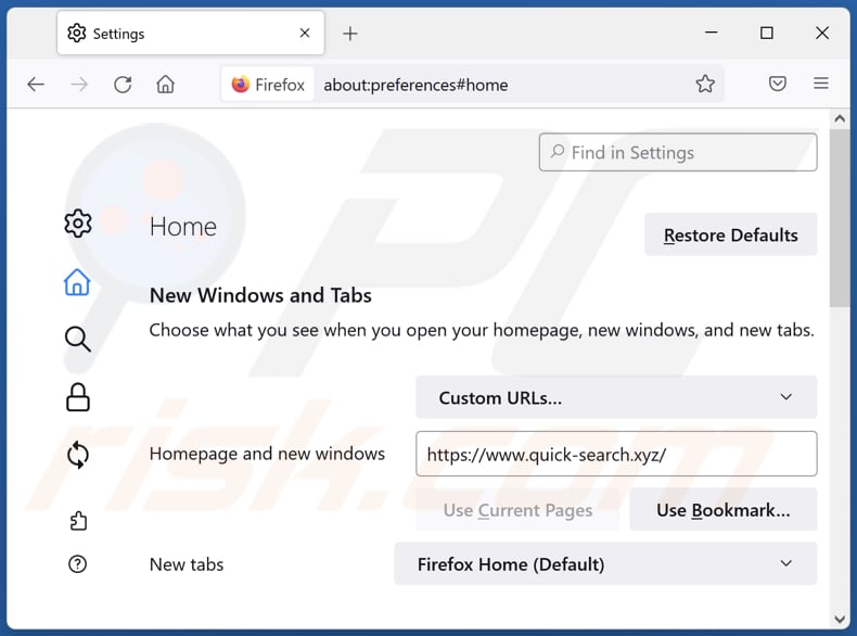 Removing quick-search.xyz from Mozilla Firefox homepage
