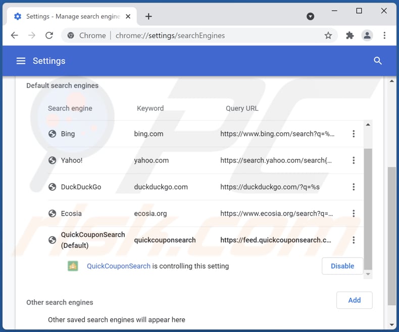 Removing quickcouponsearch.com from Google Chrome default search engine