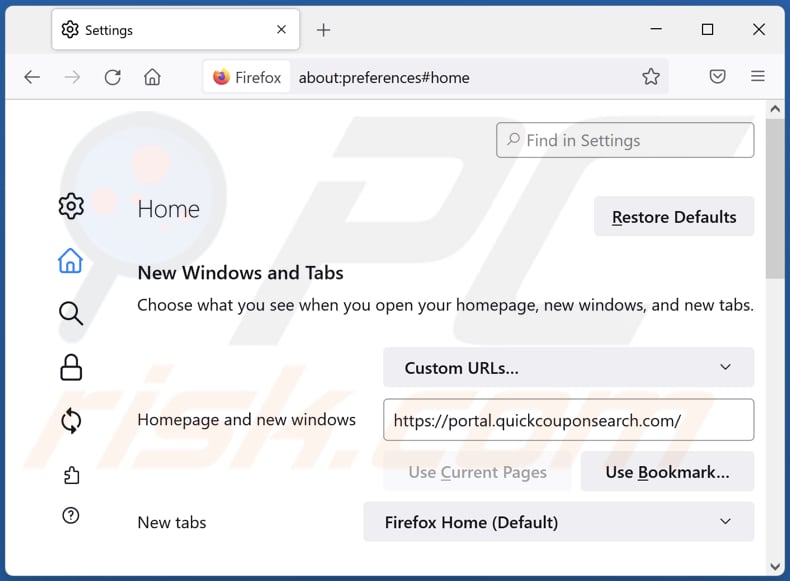 Removing quickcouponsearch.com from Mozilla Firefox homepage