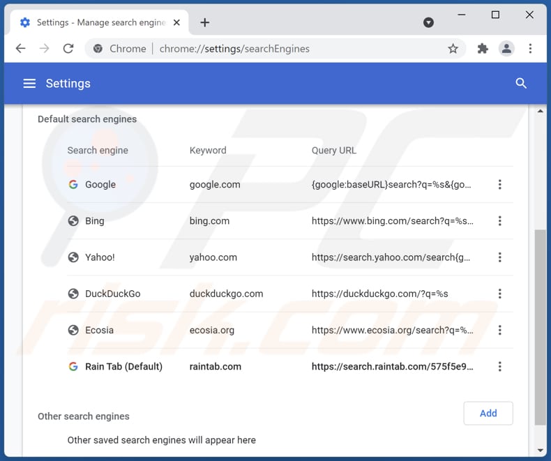 Removing raintab.com from Google Chrome default search engine