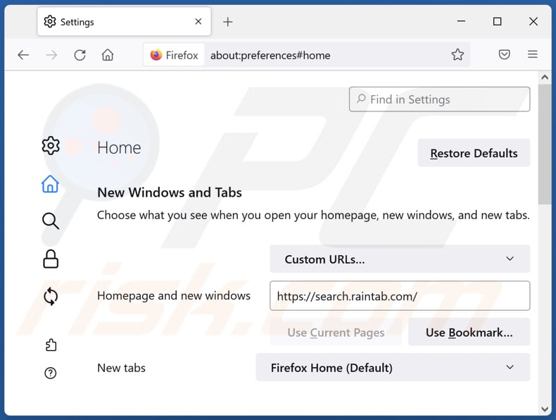 Removing raintab.com from Mozilla Firefox homepage