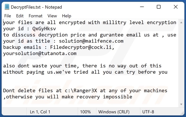 Ranger3X ransomware ransom-demanding message (DecryptFiles.txt)