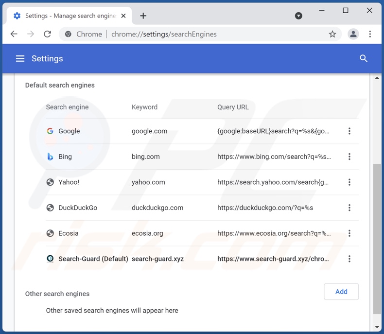 Removing search-guard.xyz from Google Chrome default search engine