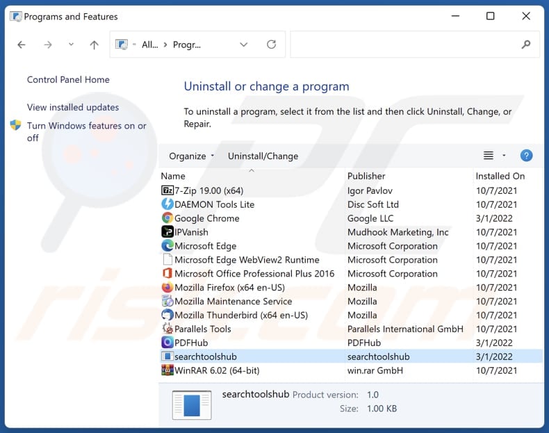 searchtoolshub.com browser hijacker uninstall via Control Panel