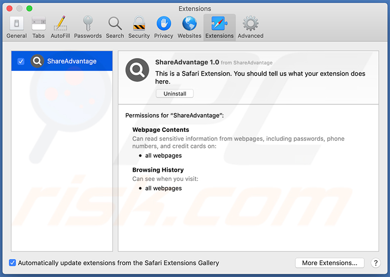 ShareAdvantage adware Safari extension