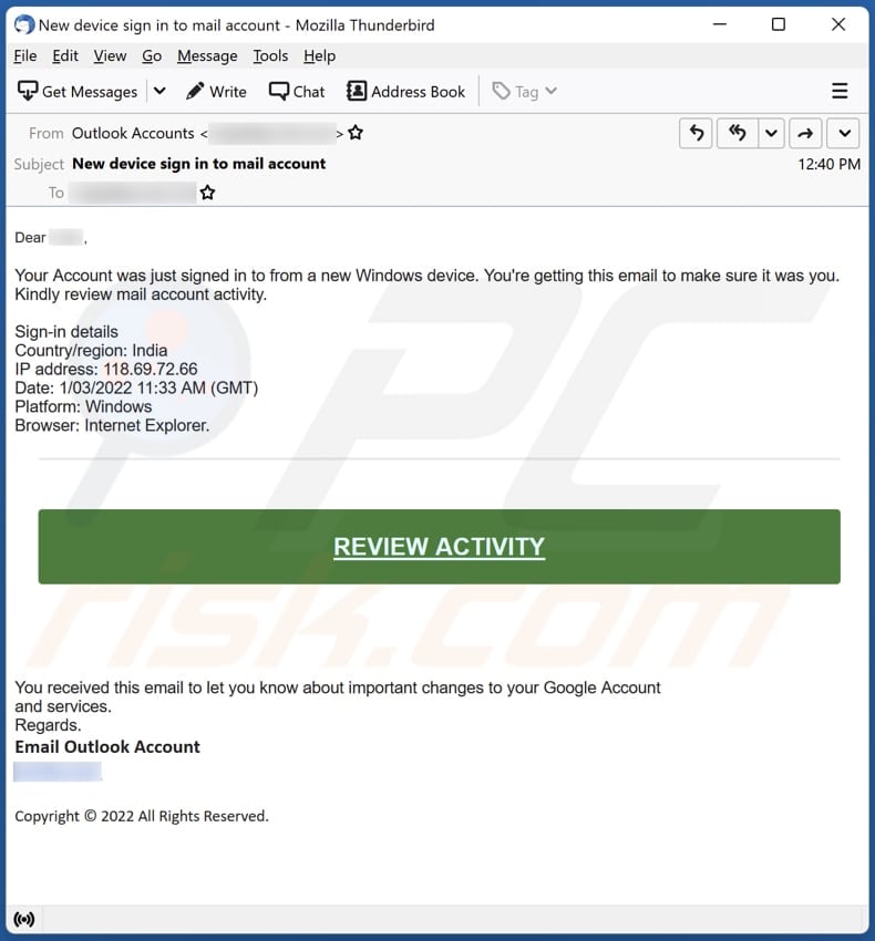 Signed In To From A New Windows Device email spam campaign