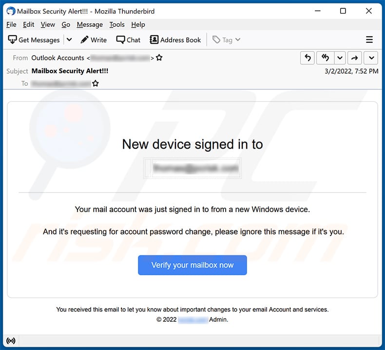 Your mail account was just signed in to from a new Windows device scam email