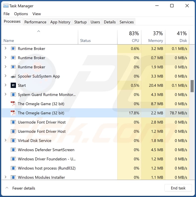 snick ransomware running as the omegle game in task manager