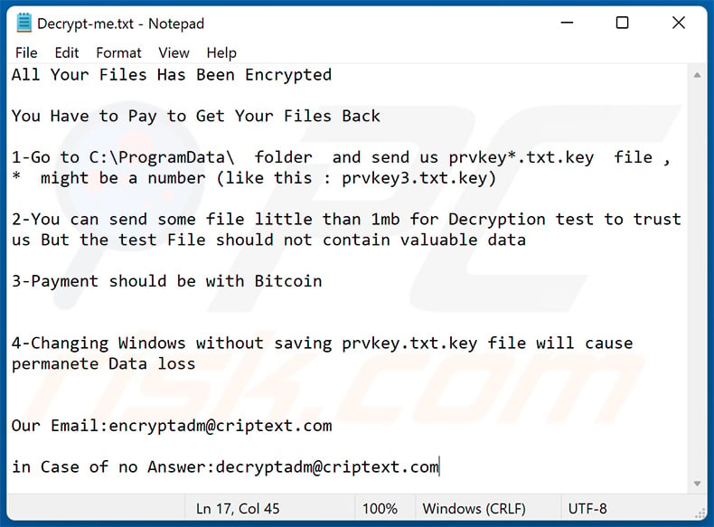 Sophos ransomware text file (Decrypt-me.txt)