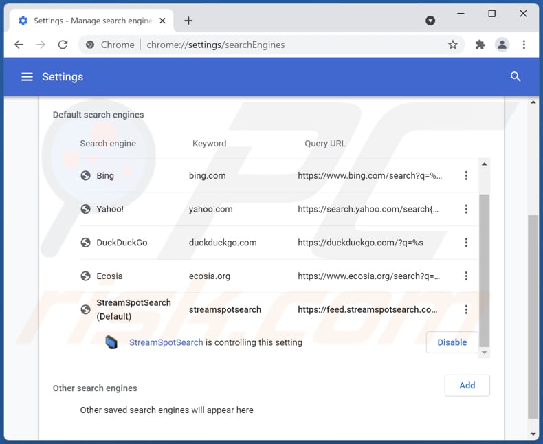 Removing streamspotsearch.com from Google Chrome default search engine