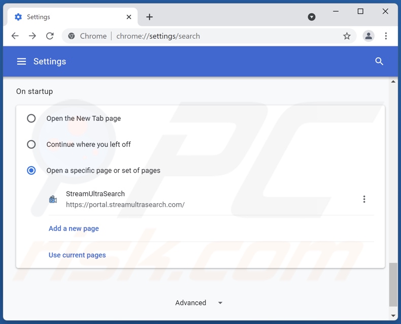Removing streamultrasearch.com from Google Chrome homepage