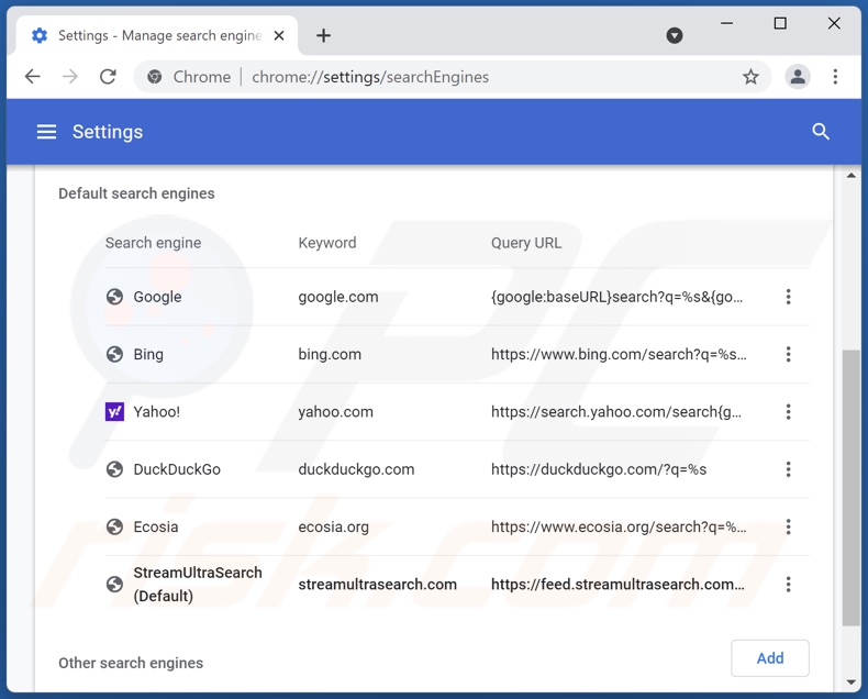 Removing streamultrasearch.com from Google Chrome default search engine