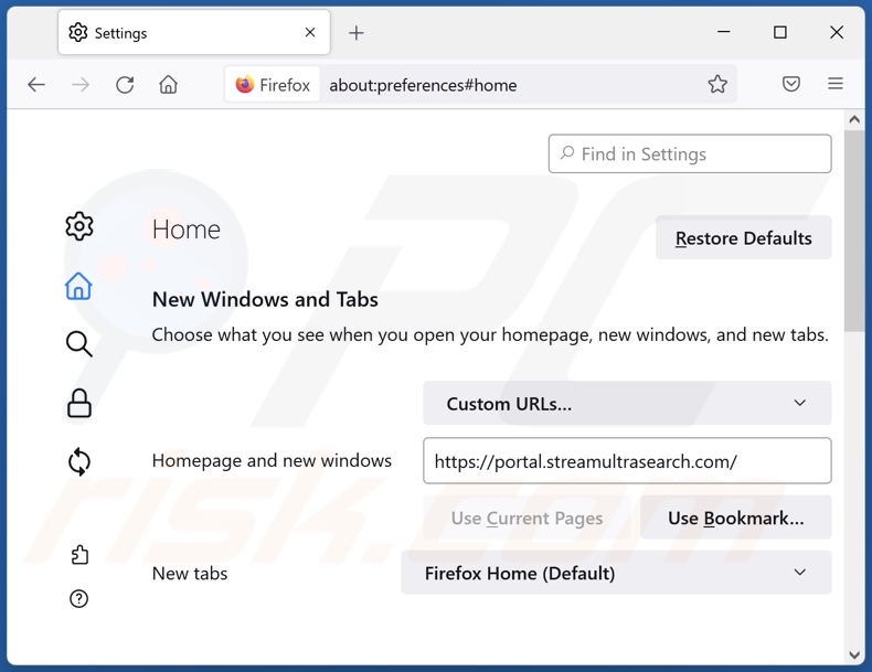 Removing streamultrasearch.com from Mozilla Firefox homepage