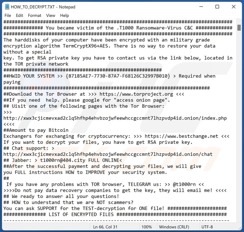 T1000 ransomware text file (HOW_TO_DECRYPT.TXT)