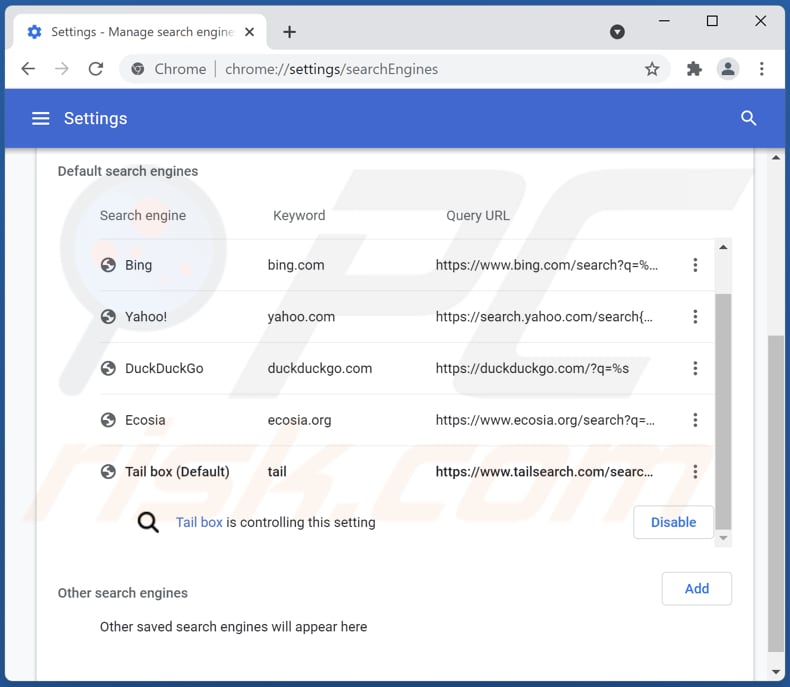 Removing tailsearch.com from Google Chrome default search engine