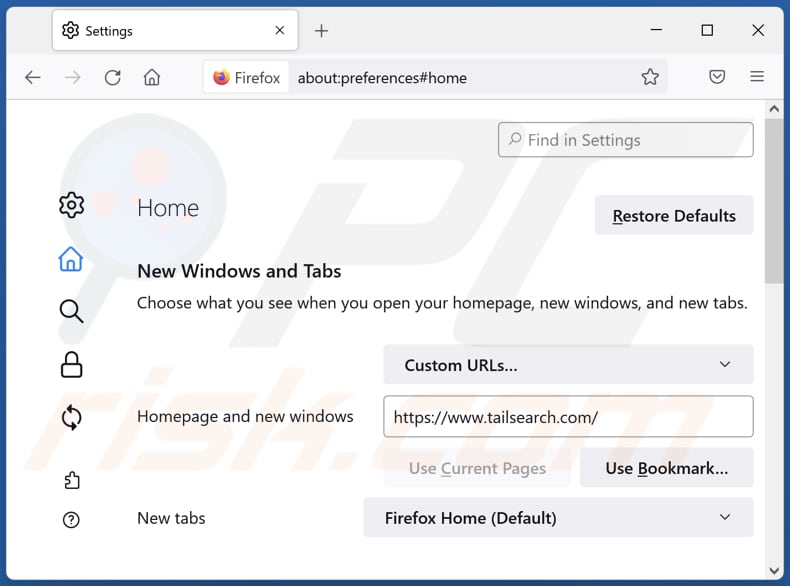 Removing tailsearch.com from Mozilla Firefox homepage