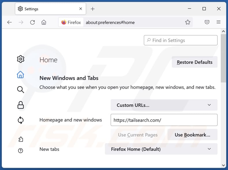Removing tailsearch.com from Mozilla Firefox homepage