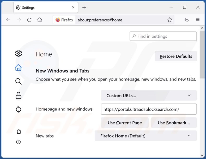Removing ultraadsblocksearch.com from Mozilla Firefox homepage