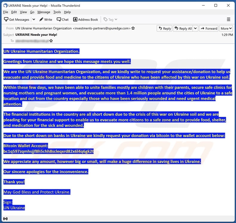 UN Ukraine Humanitarian Organization email scam