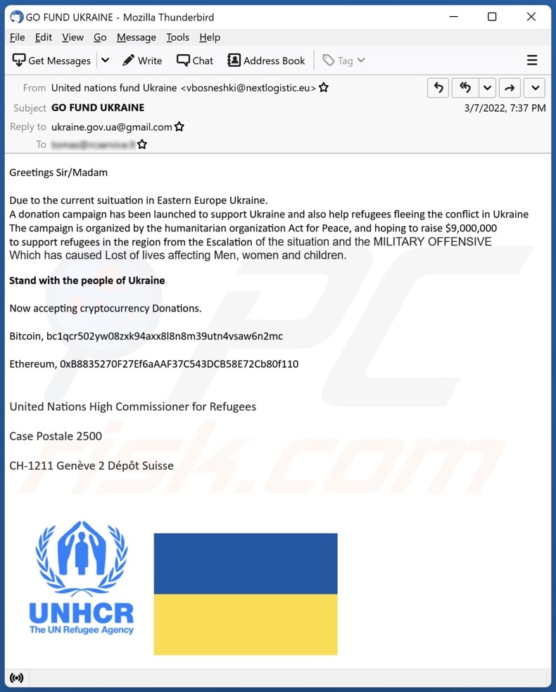 UNHCR email spam campaign