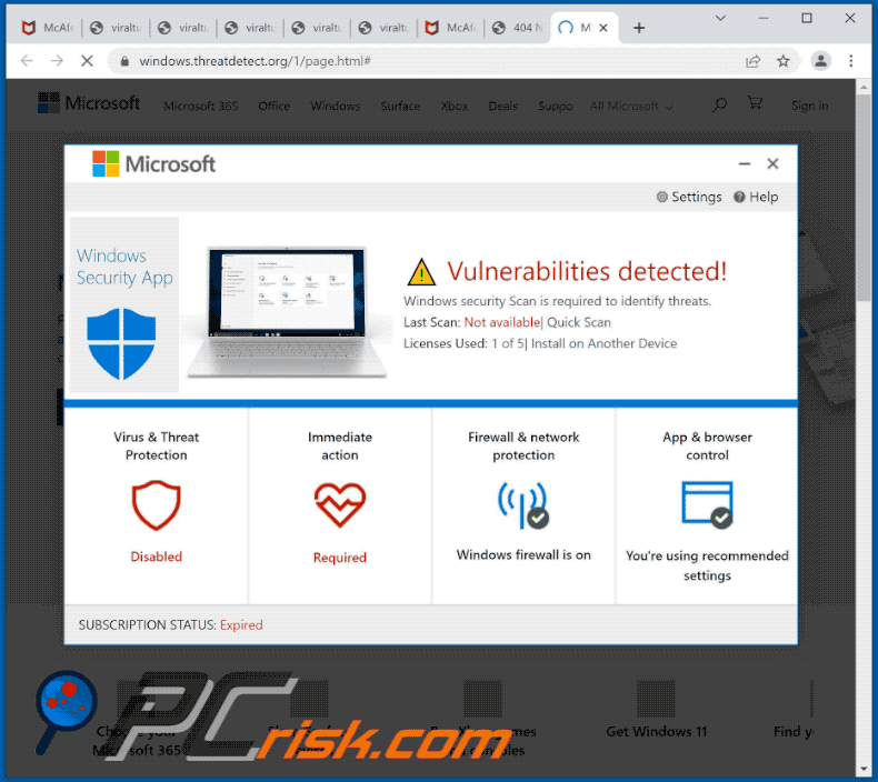 Appearance of Windows Firewall Protection - Your PC is infected with 5 viruses! scam