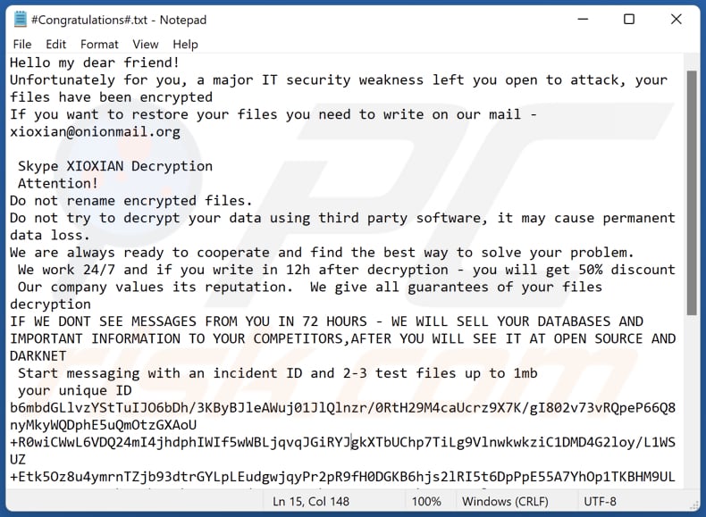Xioxian ransomware text file (#Congratulations#.txt)