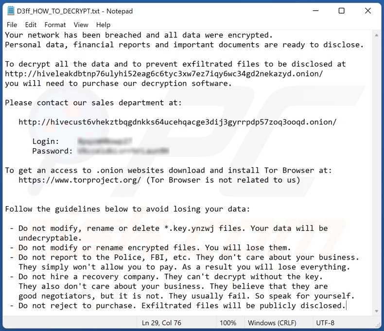 Ynzwj ransomware ransom-demanding message (D3ff_HOW_TO_DECRYPT.txt)