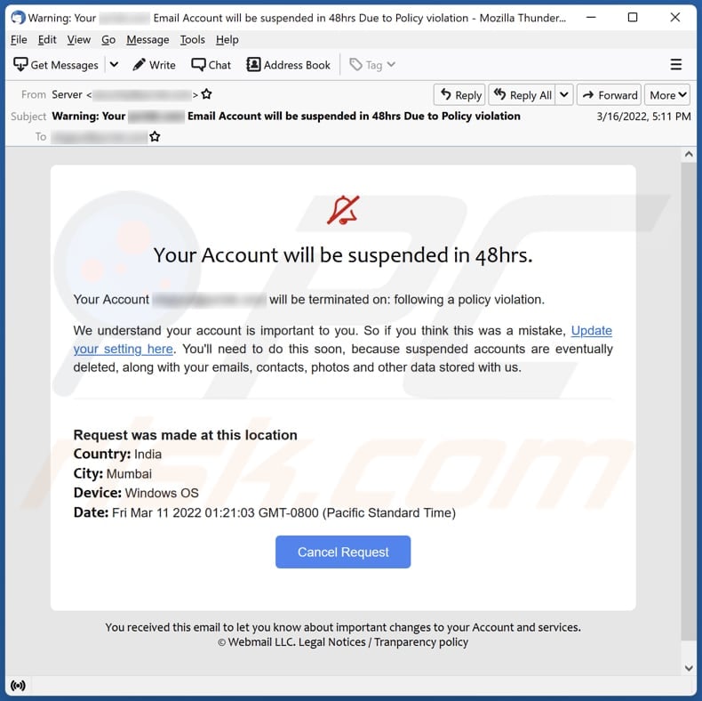 Your Account Will Be Suspended In 48hrs email scam