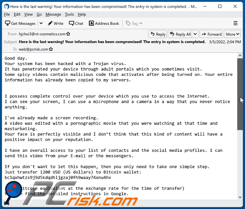 your system has been hacked with a trojan virus email scam appearance