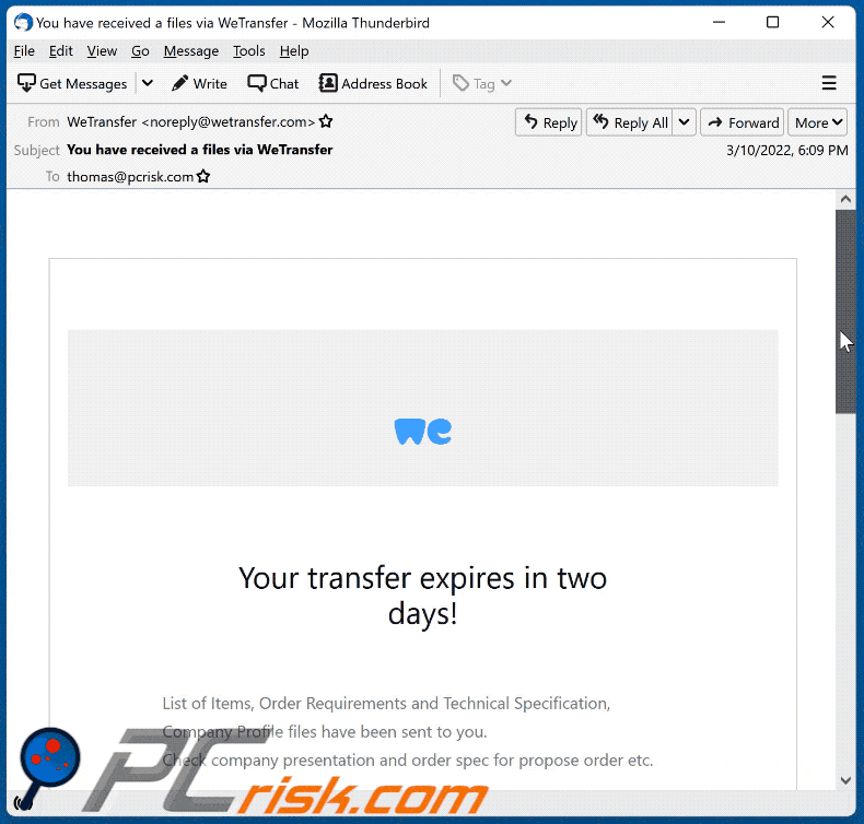 your transfer expires in two days email scam appearance