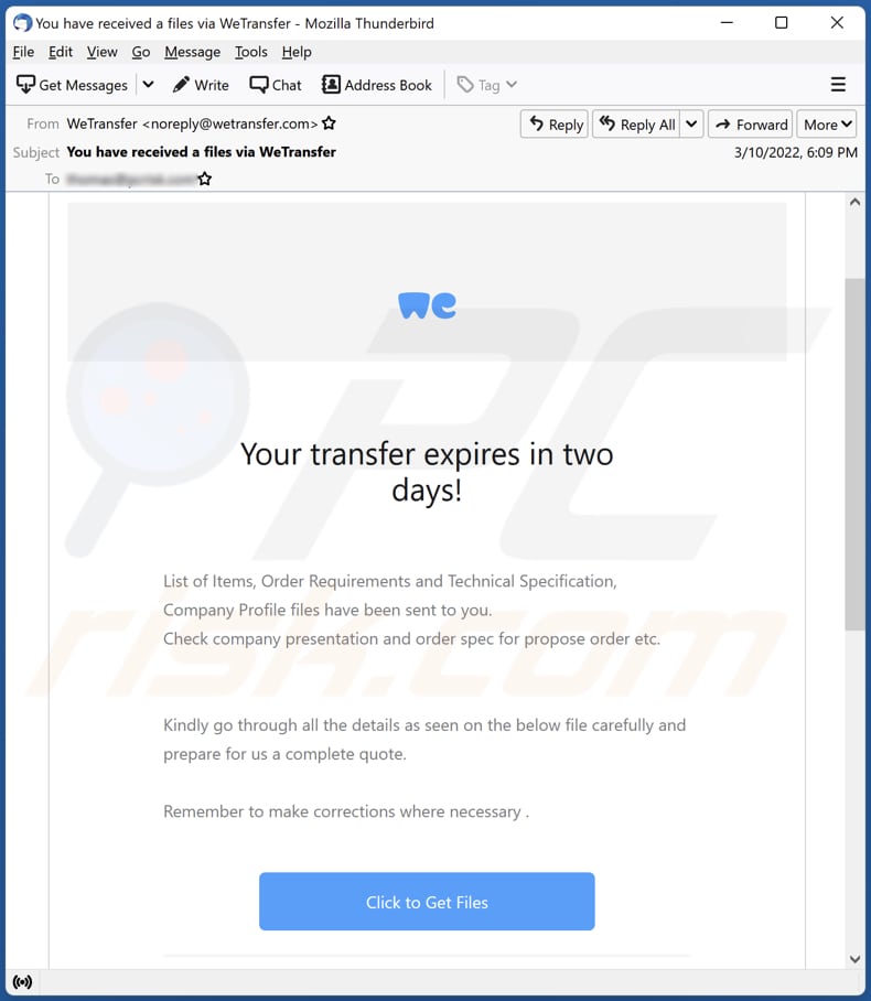 Your transfer expires in two days! phishing campaign