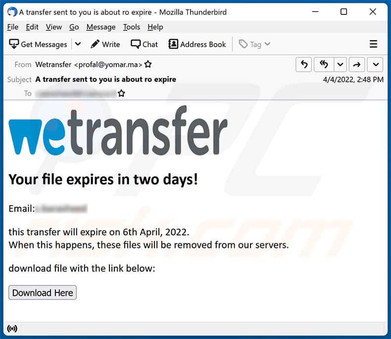 Your Transfer Expires In Two Days! Email Scam (2022-04-05)