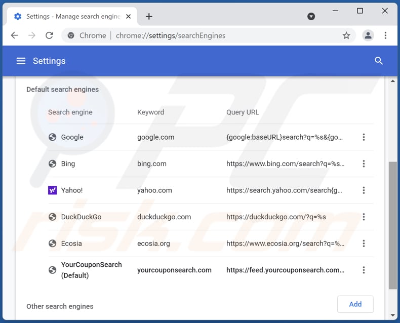 Removing yourcouponsearch.com from Google Chrome default search engine