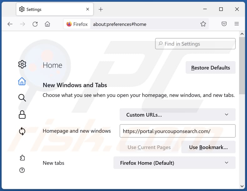 Removing yourcouponsearch.com from Mozilla Firefox homepage