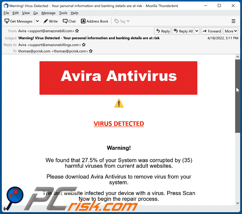 avira antivirus email scam appearance