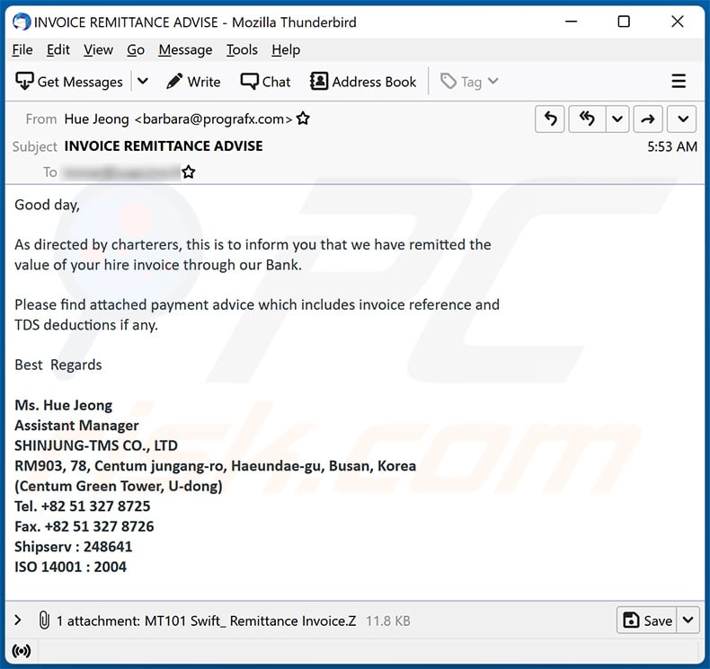 Bank Payment-themed spam email spreading FormBook malware