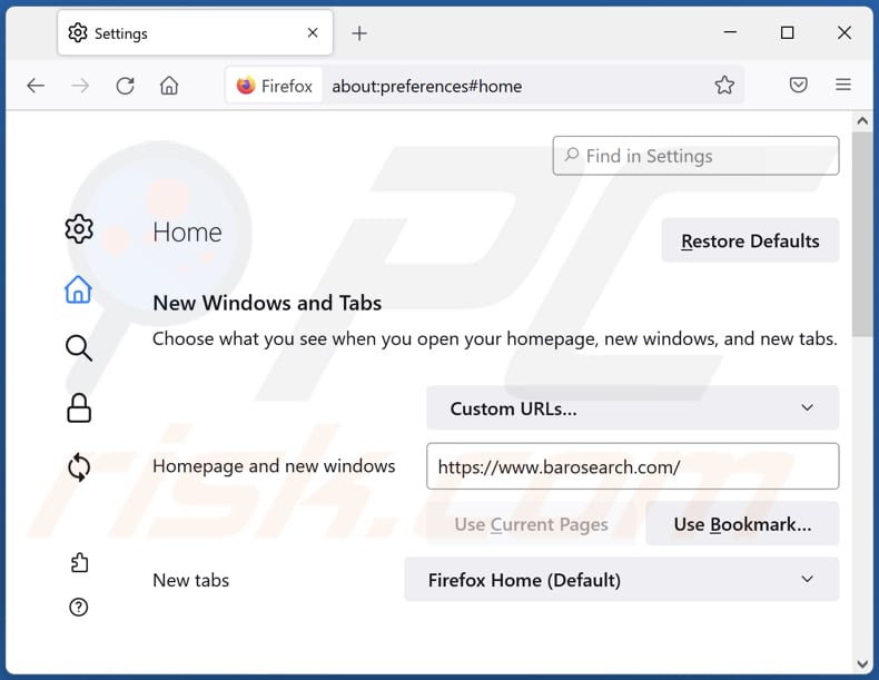 Removing barosearch.com from Mozilla Firefox homepage