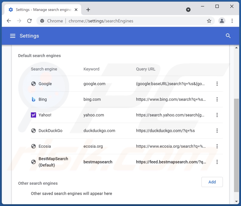 Removing bestmapsearch.com from Google Chrome default search engine