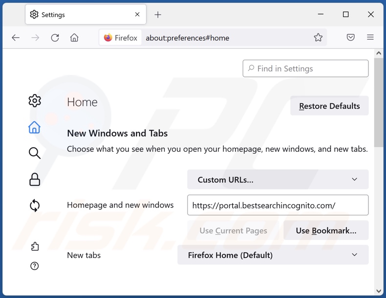 Removing bestsearchincognito.com from Mozilla Firefox homepage