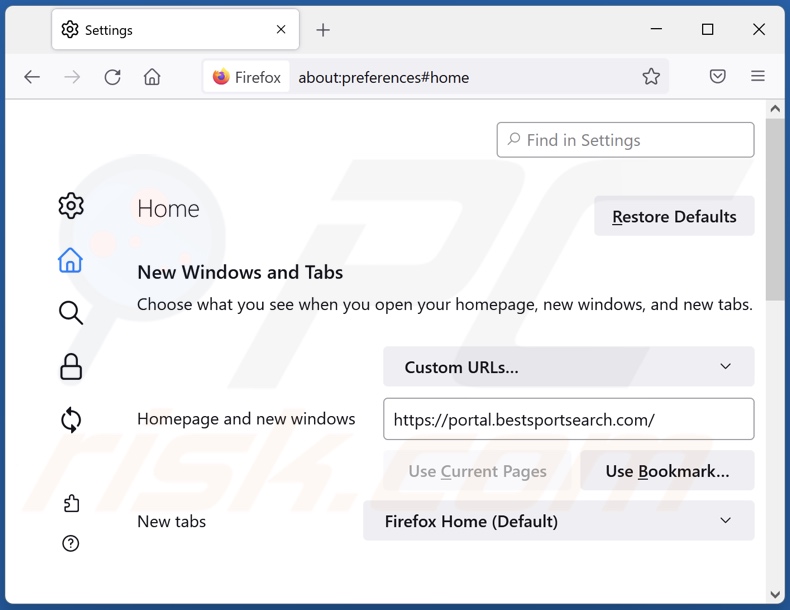 Removing bestsportsearch.com from Mozilla Firefox homepage