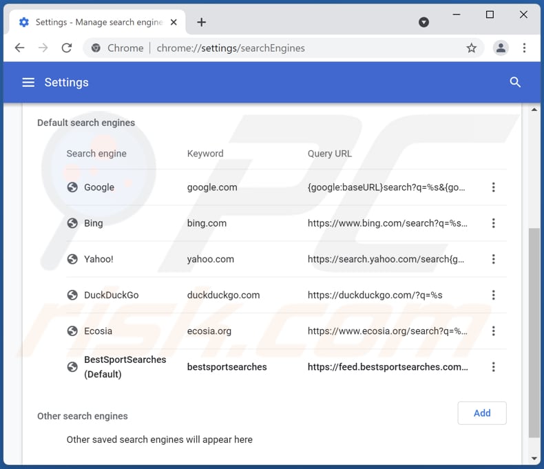 Removing bestsportsearches.com from Google Chrome default search engine