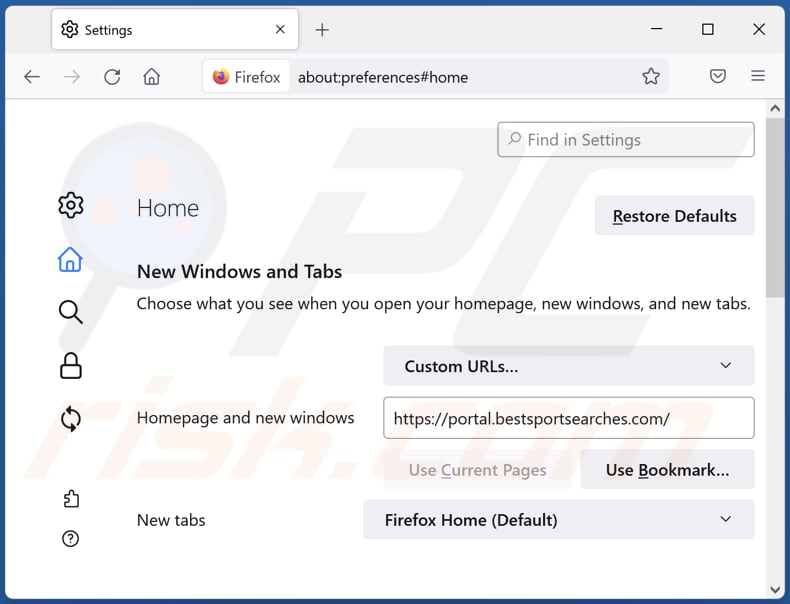 Removing bestsportsearches.com from Mozilla Firefox homepage